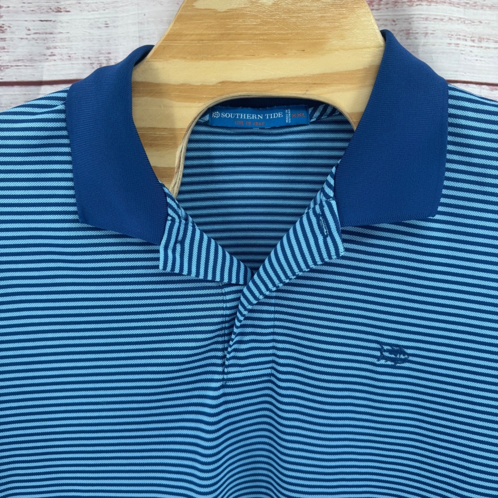 Southern Tide Polo Shirt Mens 2XL Blue Striped Performance Short Sleeve Golt